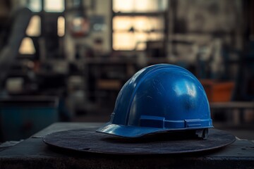 Industrial safety helmet on a dark metal surface.