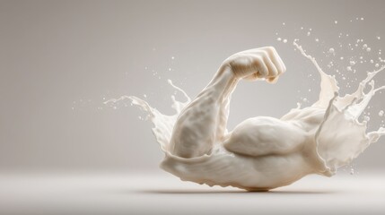 Creative art piece depicting a muscular arm emerging from a splash of white liquid set against a neutral background