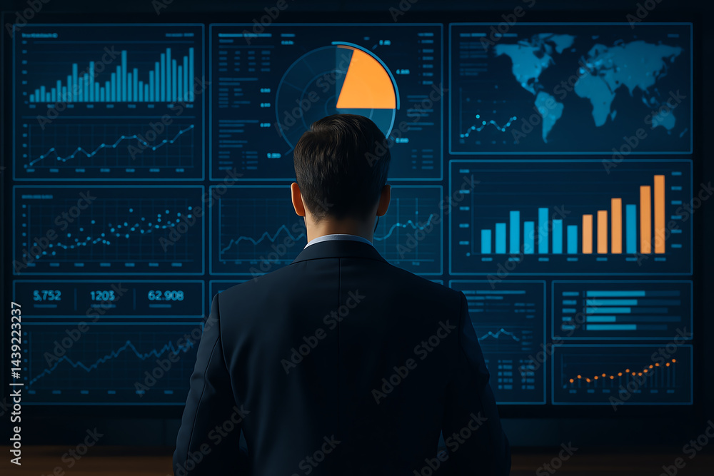 Poster a business professional analyzes complex data visualizations on multiple screens, showcasing financi