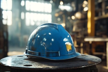 Close-up view of a blue safety helmet on a metal surface.