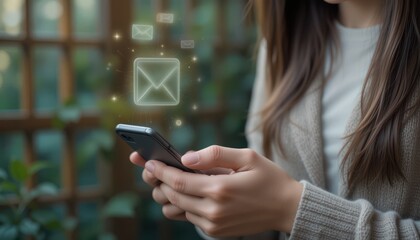 Close-Up of Female Hands Using Mobile Phone with Email Icon Floating, Depicting Online Messaging and Real-Time Notification in Cozy Natural Environment
