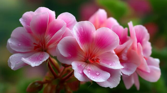 Beautiful pink geranium flowers covered in dew, blooming in a vibrant garden during springtime
