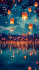 Obraz premium Many colorful lights illuminate a night scene above a calm body of water reflecting the lights of a city skyline. Twilight sky with dark blue and purple hues. 