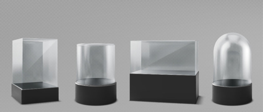Glass museum display cases of varied sizes for showcase artifacts. Transparent rectangular and cylindrical containers with black bases. Clear acrylic protect construction for delicate objects