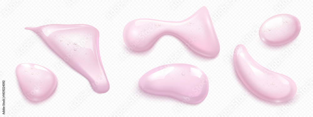 Poster translucent pink gel drops set - smooth abstract shapes collection with realistic highlights, shadow