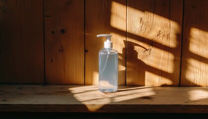 Transparent Bottle Of Sanitizer On Wooden Shelf