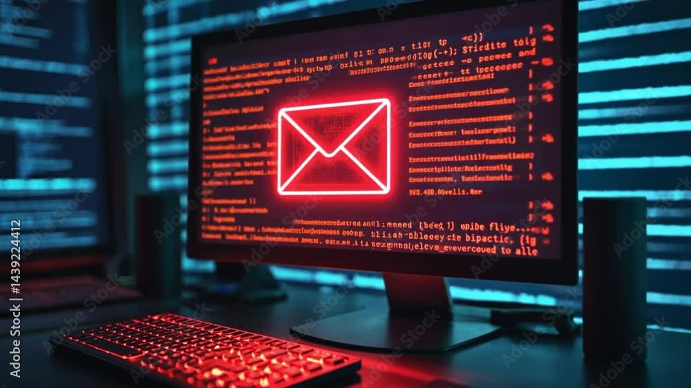 Poster red email symbol on computer screen with code security threat