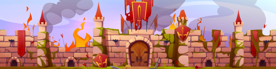 Fototapeta na wymiar Medieval castle wall on fire during battle, broken burning fortress. Cracked stone towers, arched gate, orange flames. Smoking ruins of fantasy kingdom war destruction scene for historical game level.