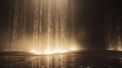 Golden particles falling like rain in a dark environment, creating a magical and ethereal atmosphere. A reflective surface enhances the effect.