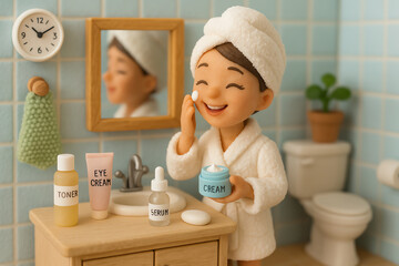 A cheerful character applying skincare products in a cozy bathroom setting. The scene captures a sense of personal care and self-love, highlighting relaxation and beauty routines.