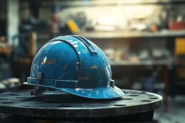 A vibrant blue safety helmet on a metal work surface.