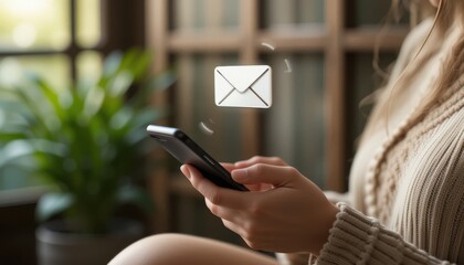 Woman Holding Smartphone Checking Email Notification Icon in Natural Indoor Setting, Modern Digital Communication and Mobile Technology Concept Background