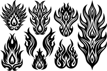 Tribal tattoo set features vector design elements with black tribal patterns, animal illustrations like lion and tiger, and decorative ornaments