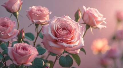 Blooming pastel rose flower vines with soft green leaves and gentle sunlight against warm pink pastel background promoting peace stock photo floral botanical wallpaper background