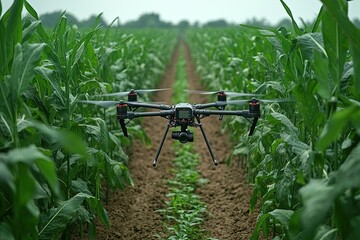 Drone flies over crops, inspecting the field on a cloudy day. Use it to show agricultural tech and modern farming practices.