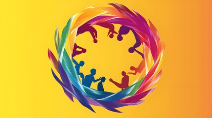 Colorful circular design showcasing diverse figures in dynamic poses.