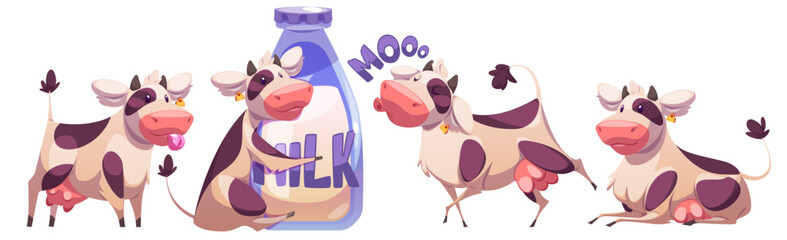 Cow funny mascot character set - cheerful spotted cattle herd standing with stick out tongue, hugging milk bottle, saying moo and lying with smile. Cute bovine animals for farm dairy product design.