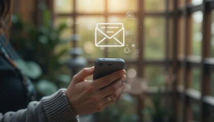 Woman Holding Smartphone Checking Email Notification Icon in Natural Indoor Setting, Modern Digital Communication and Mobile Technology Concept Background
