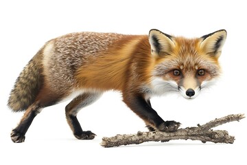 Fototapeta premium Red Fox Walking With Branch Against White Background; wildlife, nature, animal, portrait, studio, isolated, Possible Stock Photo