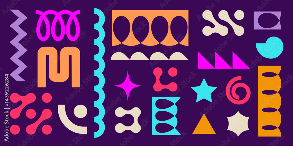 Poster spring coil and metaball shapes set in vibrant neon colors. flat vector illustration elements of abs