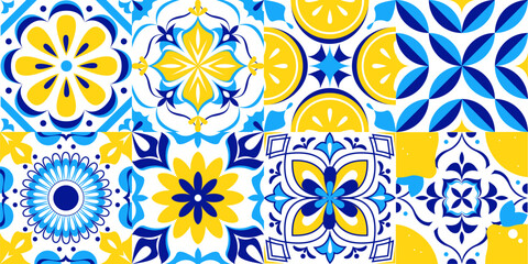 Amalfi pattern - mosaic design with lemon slices, floral motifs. Colorful geometric composition includes rosettes, diamond shapes. Mediterranean folk ornament background, ceramic tile print.
