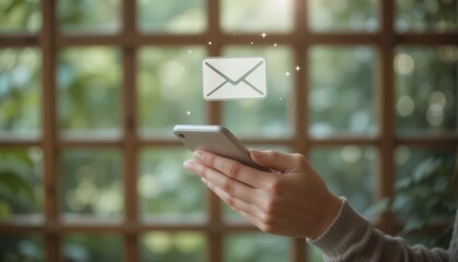 Woman Holding Smartphone Checking Email Notification Icon in Natural Indoor Setting, Modern Digital Communication and Mobile Technology Concept Background