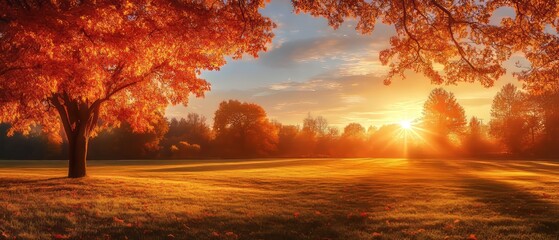 Capture a stunning real-life photograph of the autumn equinox, featuring a serene landscape with trees adorned in fiery shades of red, orange, and yellow, as the sun sets on the horizon
