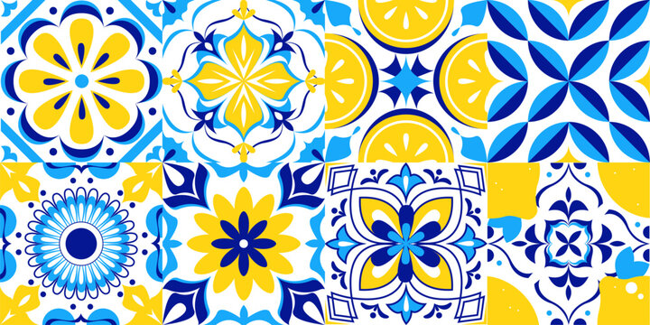 Amalfi pattern - mosaic design with lemon slices, floral motifs. Colorful geometric composition includes rosettes, diamond shapes. Mediterranean folk ornament background, ceramic tile print.
