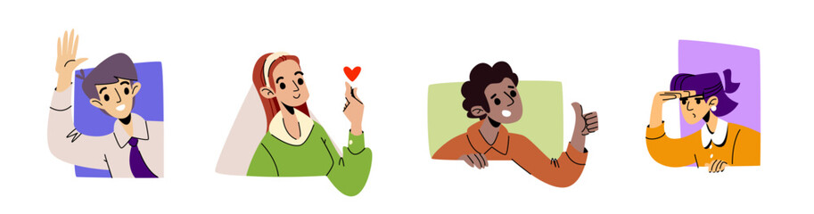 Peeking people avatars set - cartoon man waving hand, smiling woman with heart symbol, happy guy showing thumbs up gesture, female looking into distance. Peeping characters illustration for design.