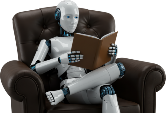 Futuristic Robot Reading Book in Brown Leather Armchair AI Technology Concept