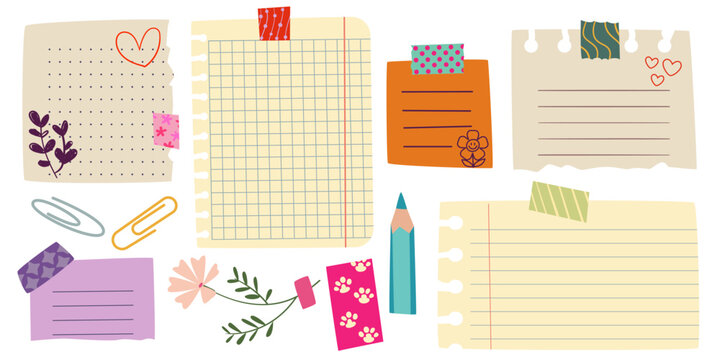 Memo note paper sheets drawn set - various colorful decorative notepad page designs with lines, grid, torn edge effects. Cartoon illustration with cute doodles of heart, flower and pencil, paperclip.