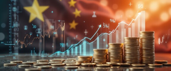 Stacked Coins and Rising Financial Charts Representing Global Economic Trends, Investment Shifts, and International Market Performance Over Time