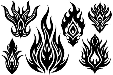 Tribal tattoo design set featuring vector illustrations of animal heads, floral ornaments, and flame patterns