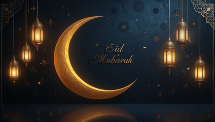 Eid Mubarak greeting with golden crescent moon, lanterns, and starry blue background