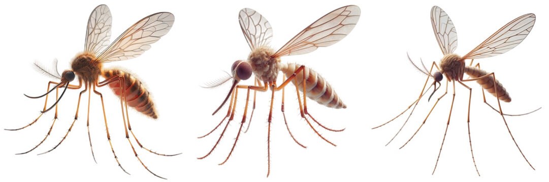 Three mosquitoes are displayed against a black background in a studio setting shot