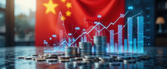 Stacked Coins and Rising Financial Charts Representing Global Economic Trends, Investment Shifts, and International Market Performance Over Time