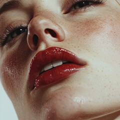 Fototapeta premium Close-up of a model's face highlighting flawless skin, bold red lips, and captivating eye details against a soft backdrop