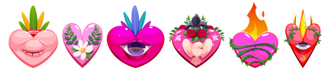 Cartoon sacred heart designs with traditional Mexican folk motifs - colorful vector set of flaming love symbol shapes adorned by flowers and leaves, decorative patterns, all seeing eye symbol.