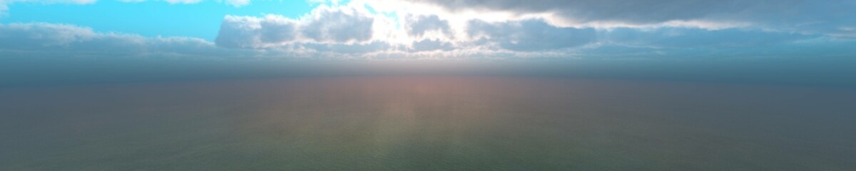 Panorama of sea sunset, ocean sunrise, seascape, 3d rendering