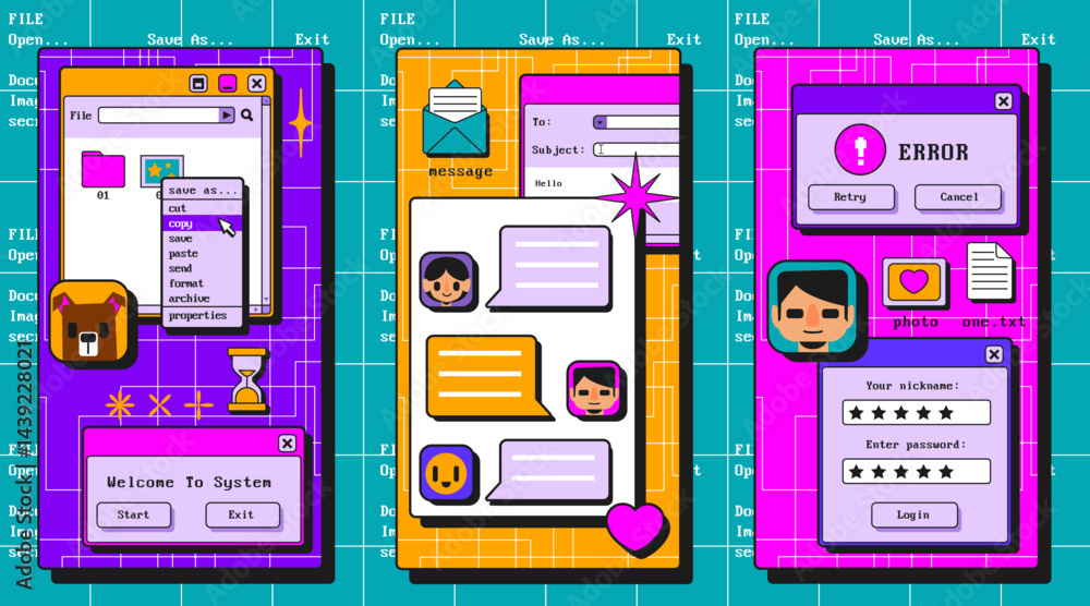 Poster retro user interface screens collection - file manager with context menu, messaging app layout, pop 