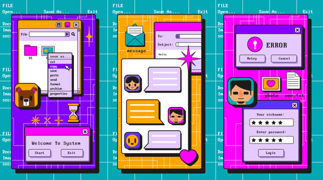 Retro user interface screens collection - file manager with context menu, messaging app layout, pop up windows. Nostalgic graphic design on neon grid background for mobile game gui, website dashboard.