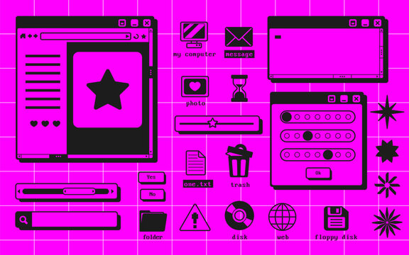 Retro user interface elements set - browser window, message box dialogs, folder and file type icons. Vibrant pink color neon grid background. 90s style widget kit for computer game, website design.
