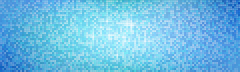 Shimmering disco ball mosaic pattern - small mirrored tiles reflecting light, forming abstract blue square pixel background. Sparkly dance floor or retro party decoration texture for digital bg.