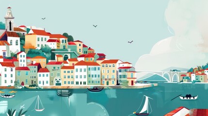 Fototapeta premium Celebration of Portuguese national day with scenic coastal view. Postcard from Oporto. Dia de Portugal, de Camoes e das Comunidades Portuguesas. Liberty Day. Horizontal banner. Copy space