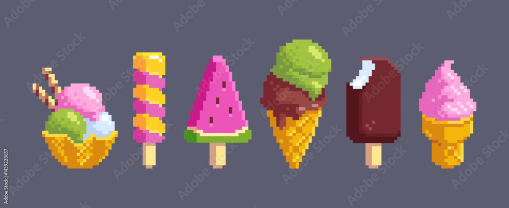 Fototapete pixel art ice cream collection - vibrant 8 bit style frozen treats on sticks, fruity popsicles, choc