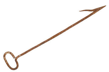 Rusty iron boat hook isolated on white background. Old boat hook.