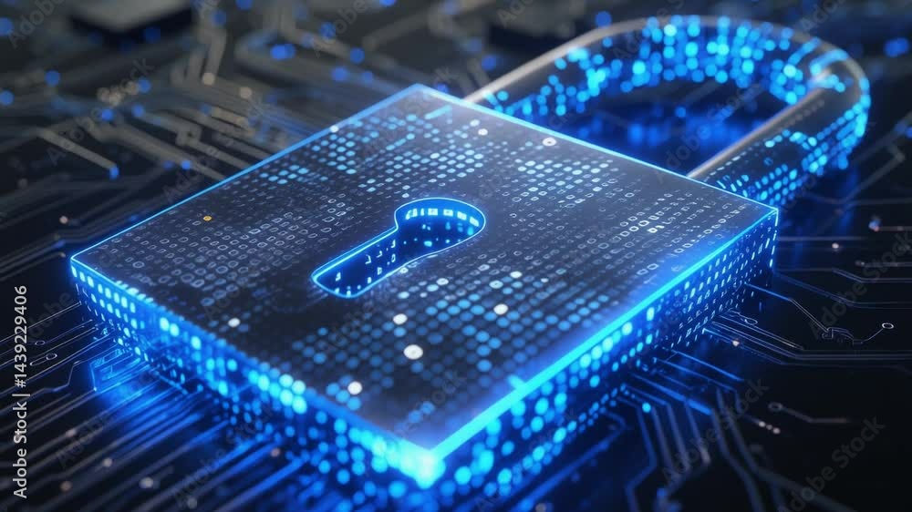 Poster cybersecurity fortress: a luminous digital padlock, composed of intricate circuits, symbolizes robus