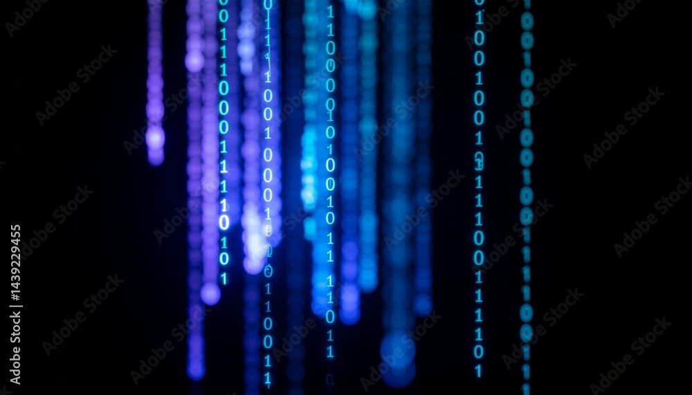 Poster digital cascade: a dynamic display of binary code streams, cascading in vibrant hues of blue and pur