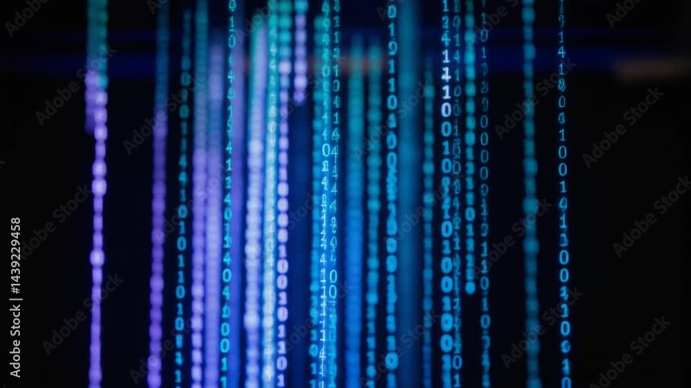 Poster digital rain: a mesmerizing digital rain of binary code cascades in shades of blue, suggesting compl