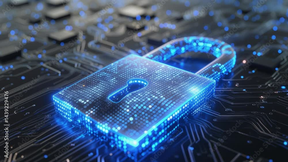 Poster cybersecurity fortress: an illuminated padlock rests protectively on a cutting-edge motherboard, rep